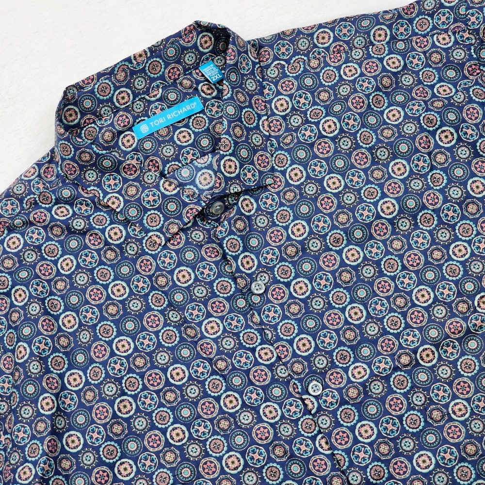 Tori Richard Hawaiian Shirt Mens 2XL Blue Medallion‎ Geometric Button Up Costal